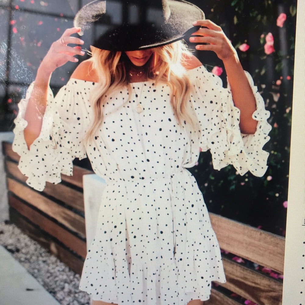 White dotted off the shoulder dress